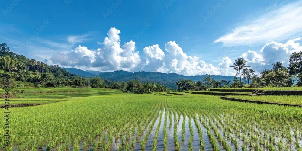 Poster a perspective of rice fields against a backdrop of blue sky.