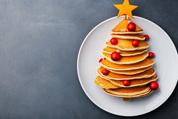 Plate with a tree made of pancakes and a star on top. The plate is decorated with red and gold ornaments. A Christmas tree of pancakes lies on a white plate