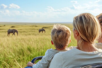 Family safari adventure watching animals in the savanna