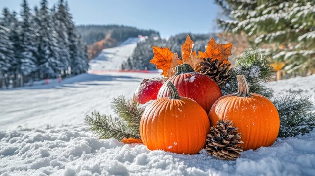 Autumn pumpkin decoration at mountain ski resort, thanksgiving holiday special offer