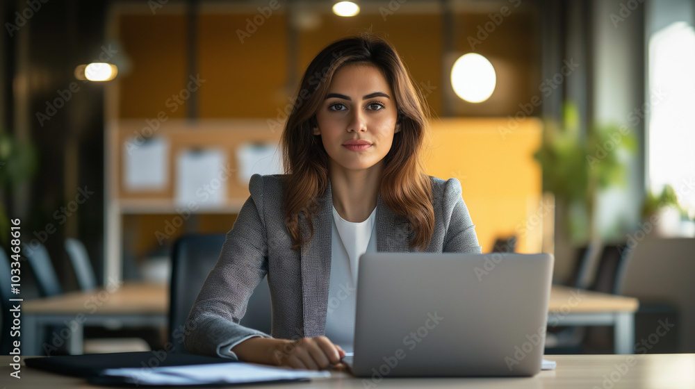 Wall mural focused businesswoman working on laptop in modern office setting