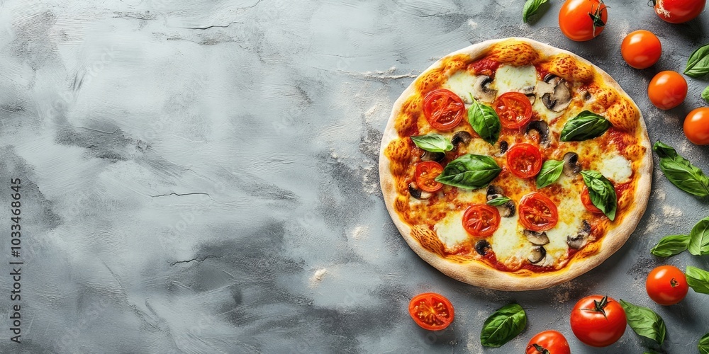 Poster top view of fresh pizza on a gray table