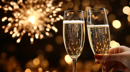 On New Year's Eve, people make toasts with glasses of champagne and fireworks in the background. They clink glasses..