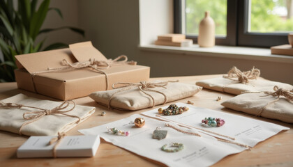 Handmade gifts and jewelry packaging on wooden table
