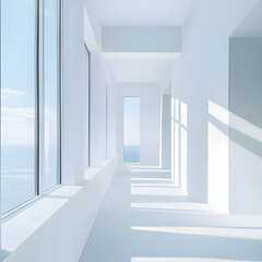 Fototapeta premium A view of the interior of the white concrete building where sunlight enters through the window. Generative AI