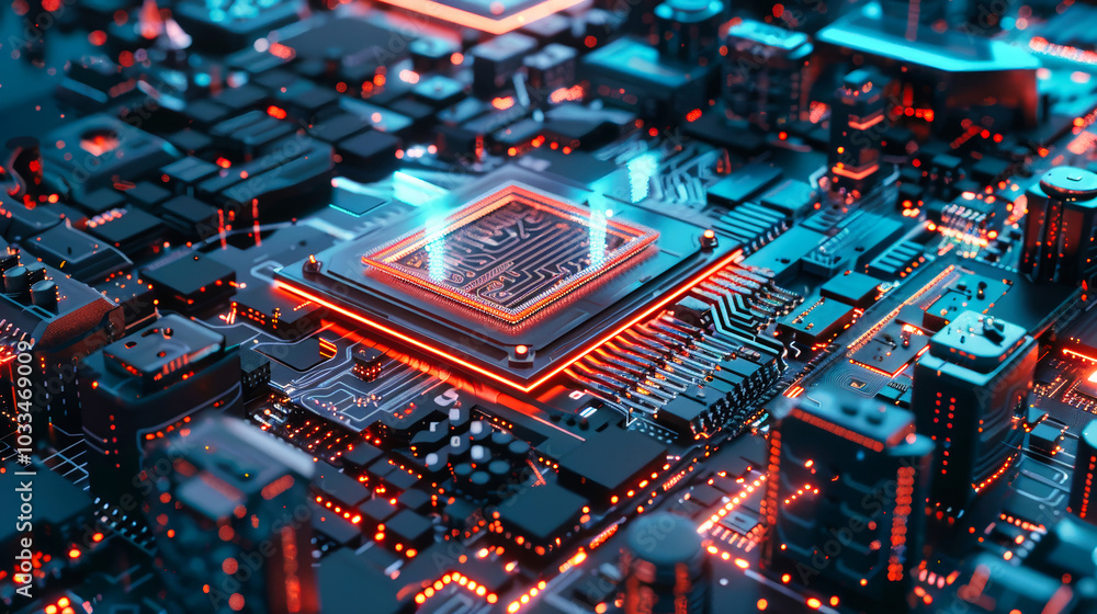 Aufkleber an aerial view of a detailed ai chip with a futuristic holographic interface above, surrounded by ad