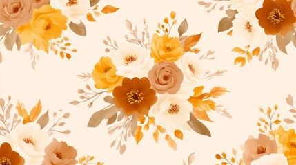 Watercolor Floral Pattern   Yellow  Orange  and White Flowers on Cream Background