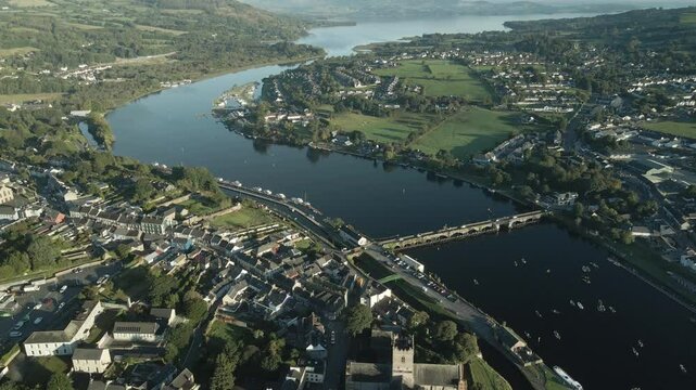 Scenic aerial view of Killaloe town with rivers, bridges, and lush landscapes in County Limerick Ireland
