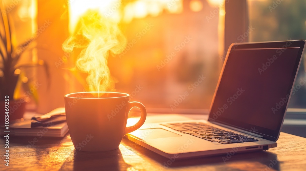 Aufkleber a cup of hot coffee with steam rising next to a laptop computer on a table in front of a window with