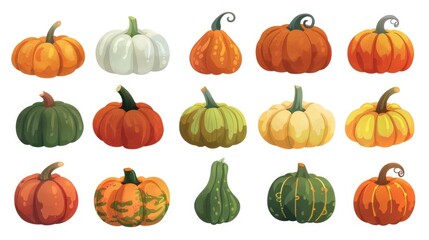 This colorful array of pumpkins features various shapes and hues, celebrating the essence of fall. Ideal for decorating homes and creating festive atmospheres during autumn celebrations