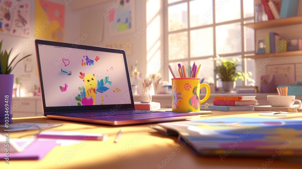 Poster a laptop with a bright screen displaying a digital drawing of a cat with a heart and a train. the la