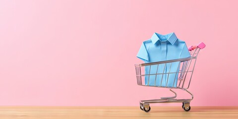 Fototapeta premium Blue origami paper shirt in a shopping cart on a wooden table. Pink background, copyspace. Concept of clothes shopping.
