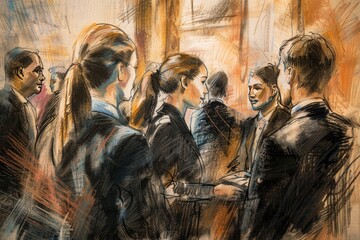 chalk drawing of smiling woman business people enjoying bouquet of flowers, standing in a sunny park. Earth tones, relaxed pose