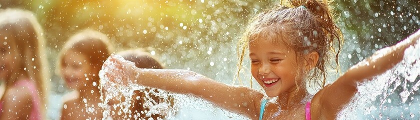 Obraz premium Joyful Girl Playing in Water Splashing Scene