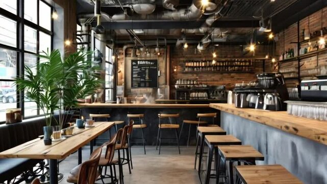 The coffee shop's cozy and empty interior features wooden furniture and tables, with a warm atmosphere, perfect for dining in a luxurious urban setting
