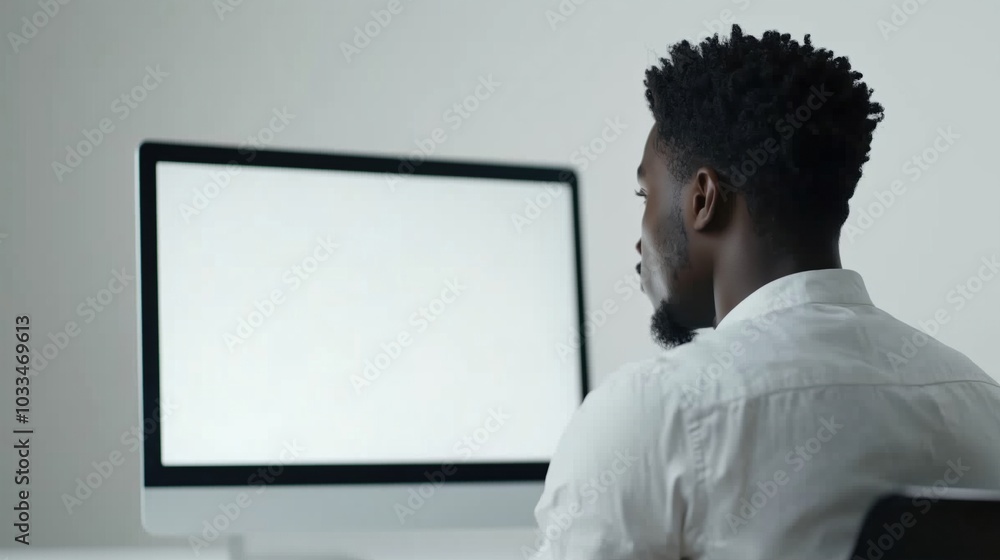 Poster man working on computer, focused on blank screen, modern workspace, technology