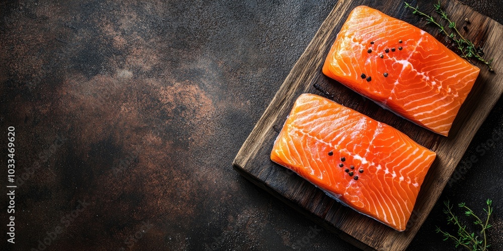 Poster raw salmon fish red steak fillet seafood portion copy space for text pescatarian diet background rus