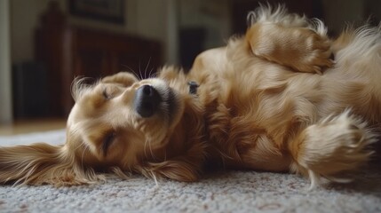 Adorable Golden Retriever Dog Sleeping On Carpet   Pet  Puppy  Canine  Animal