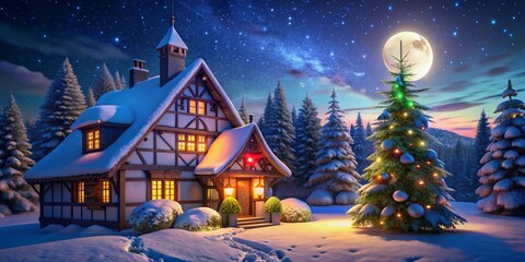 Naklejka premium Cozy Snowbound Halftimbered House Illuminated by Christmas Lights in Winter Fir Forest Under Night Sky with Moonlight - Festive Winter Wonderland Scene