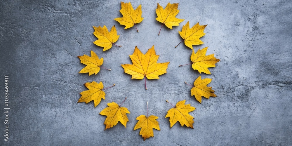 Poster Autumn theme. Yellow maple leaves positioned in the center of an image on a gray concrete backdrop. Flat lay, top view, copyspace.