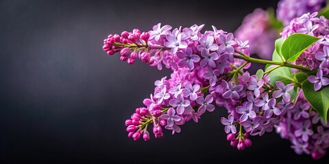 Depth of field image featuring spring lilac flowers against a black background with soft focus