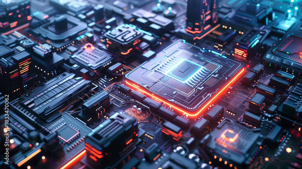 Poster aerial view of a hyper-realistic ai chip with a holographic interface surrounded by futuristic circu