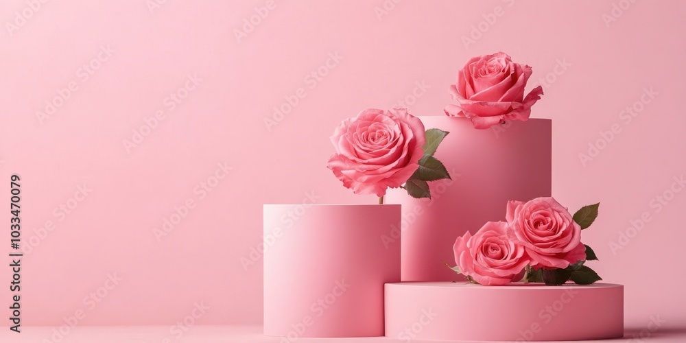 Poster fresh roses are arranged around the cylindrical platforms against a pink background. there is ample 