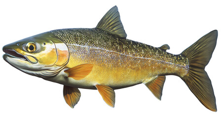 Lake salmon fish illustration with golden scales, isolated on transparent background.
