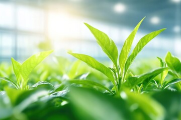 Fresh green leaves thriving in a bright greenhouse, symbolizing nature's beauty and growth under optimal conditions.