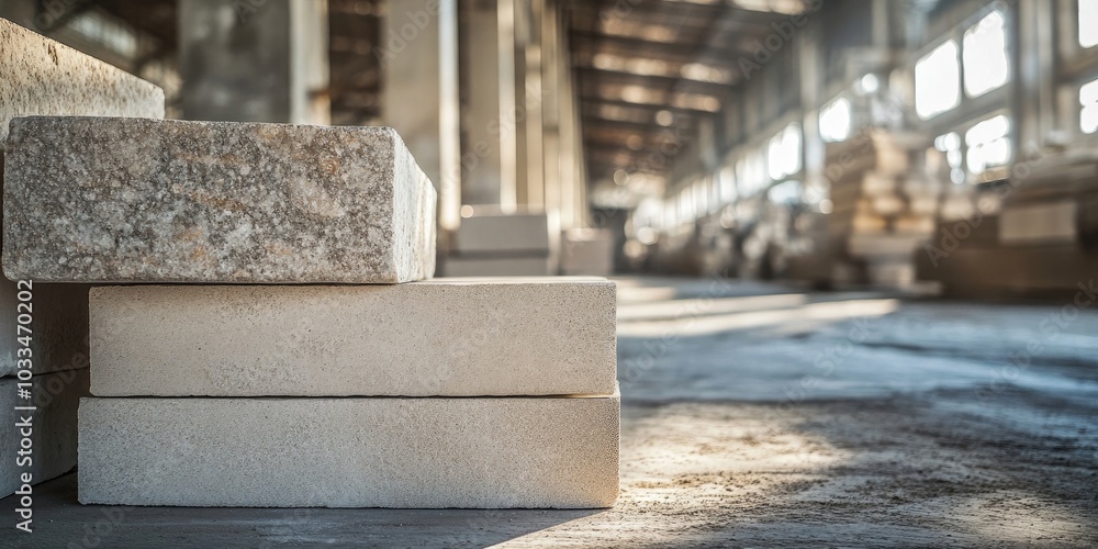 Poster factory for producing limestone blocks. background with selective focus and copyspace for text.