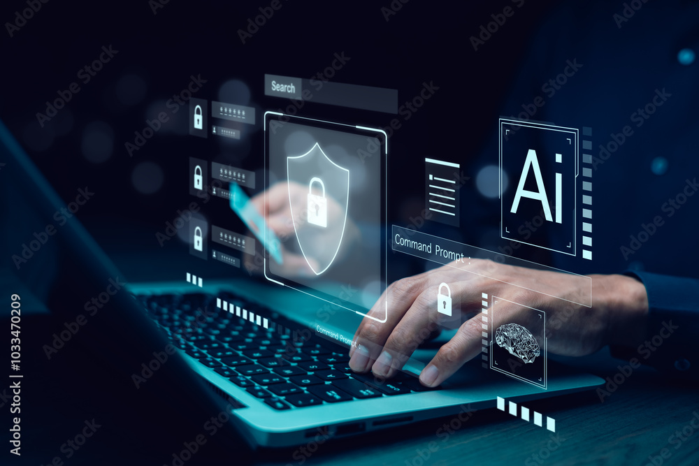 Poster cyber security and security password login online concept hands typing and entering username and pas