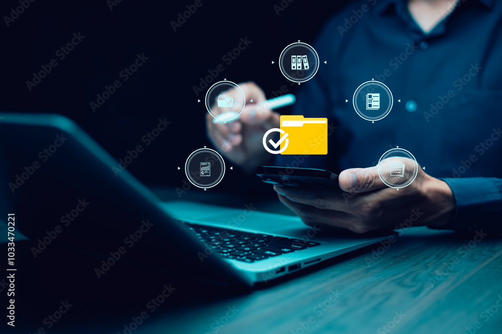 Poster businessman hand hold folder with online documentation database, it consultant being set up virtual 