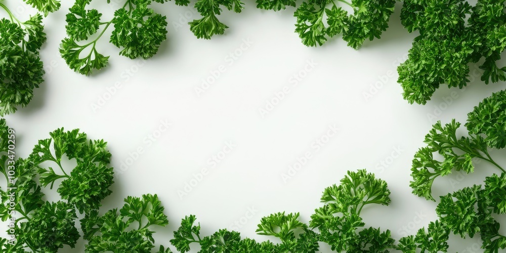 Poster Greenery. Curled parsley sprigs on a white background. Macro image. Long header banner layout. Panoramic website header banner. High-quality photo.