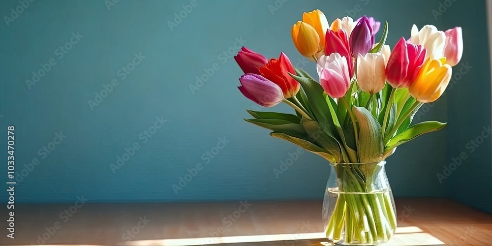 Poster a vase of multicolored tulips sits on the table near the wall. selective focus.