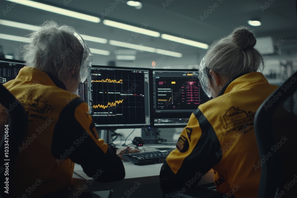 Aufkleber An operator controls a product line using industry 4.0 and digital technology within a modern factory. Two engineers follow assembly processes using a SCADA system with AI technology and a graphical