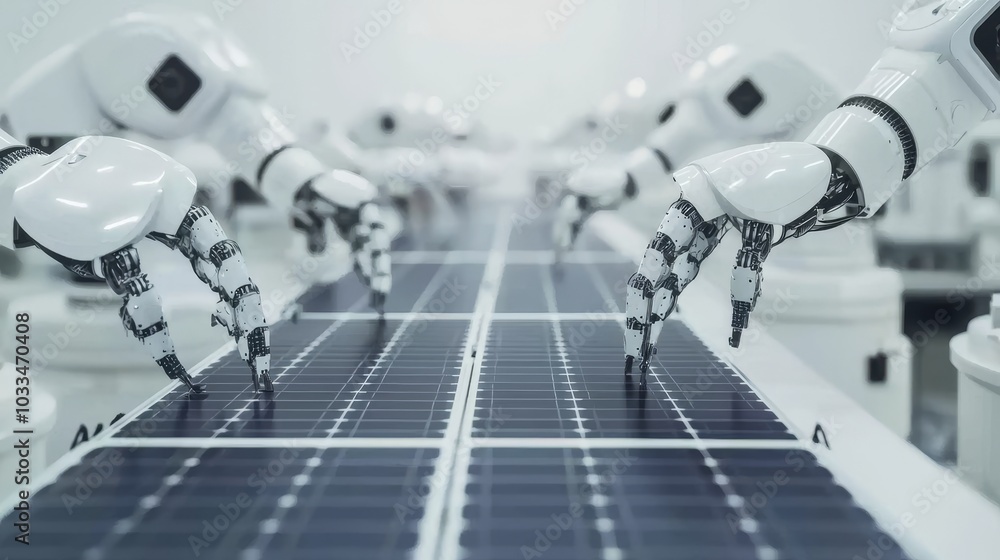 Poster An automated production line is being operated with industrial robot arms in a modern factory. Solar panels are being arranged on a conveyor.