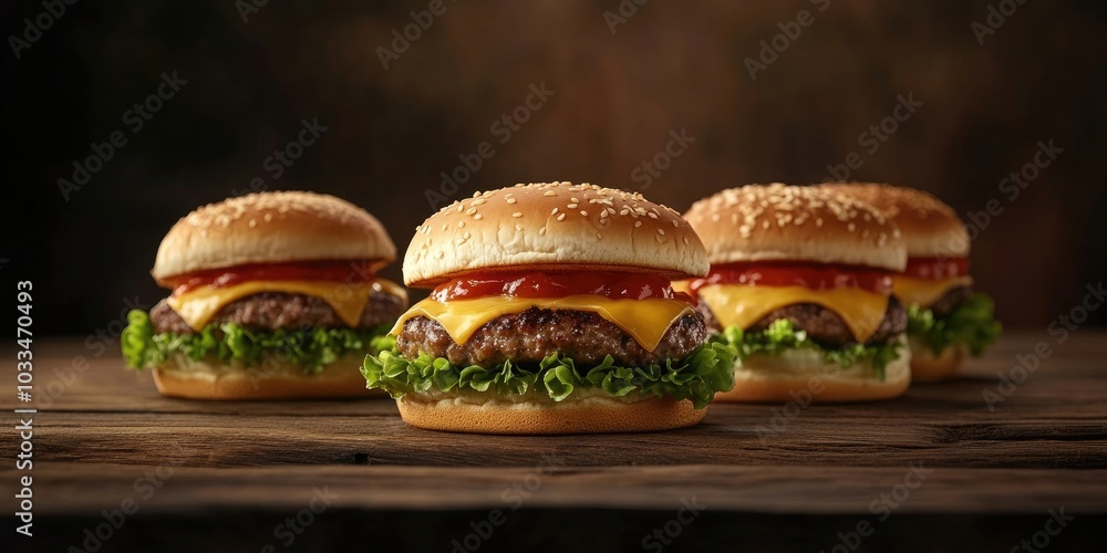 Poster cheeseburgers on a wooden table with copyspace captured in a studio.