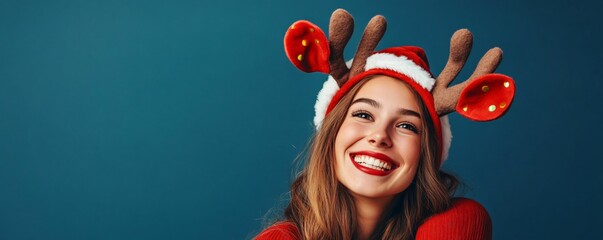 Woman wearing reindeer antlers and Santa hat smiling. Festive holiday portrait.