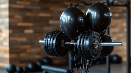 Black balloons among the weights and barbells in the gym, Black Friday special offer for a sports pass