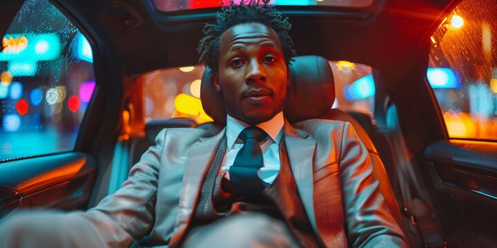 A male executive in a taxi at night, using his smartphone while commuting, representing the busy lifestyle of a businessman. This image captures the blend of technology and urban life in the corporate