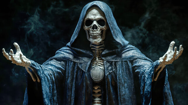 A menacing skeletal figure in a black hood and blue cloak stands with outstretched arms against a dark background, evoking a sense of fear and mystery