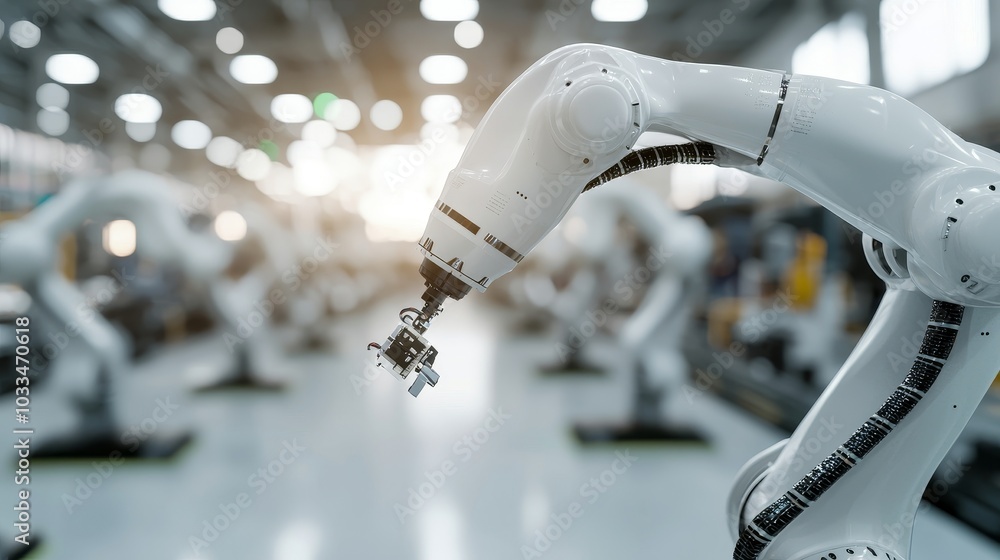 Poster A robotic arm assembly system for electronic assembly lines. An advanced factory automation system incorporating advanced technology.
