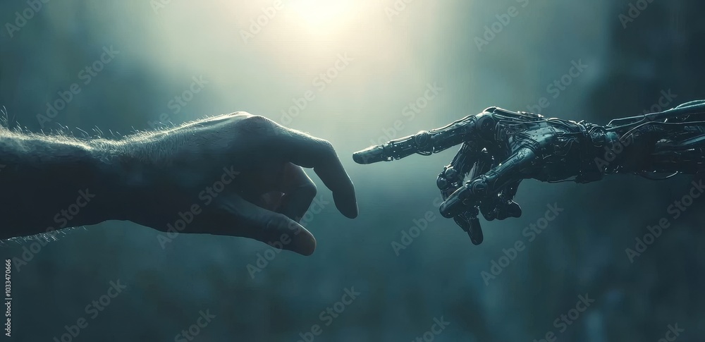 Poster an animated 3d rendering of a white cyborg finger about to touch a human finger