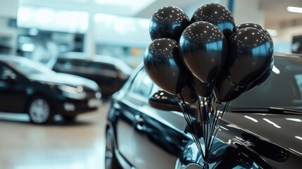 Black balloons and shiny paint on the hood of a new car at a car showroom, special Black Friday offer at a car showroom