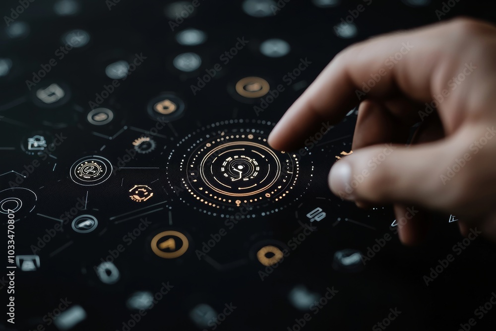 Poster The concept of industry 4.0 is illustrated with a graphic interface showing visualizations of automation design, robot operation, and the use of deep learning for future manufacturing.