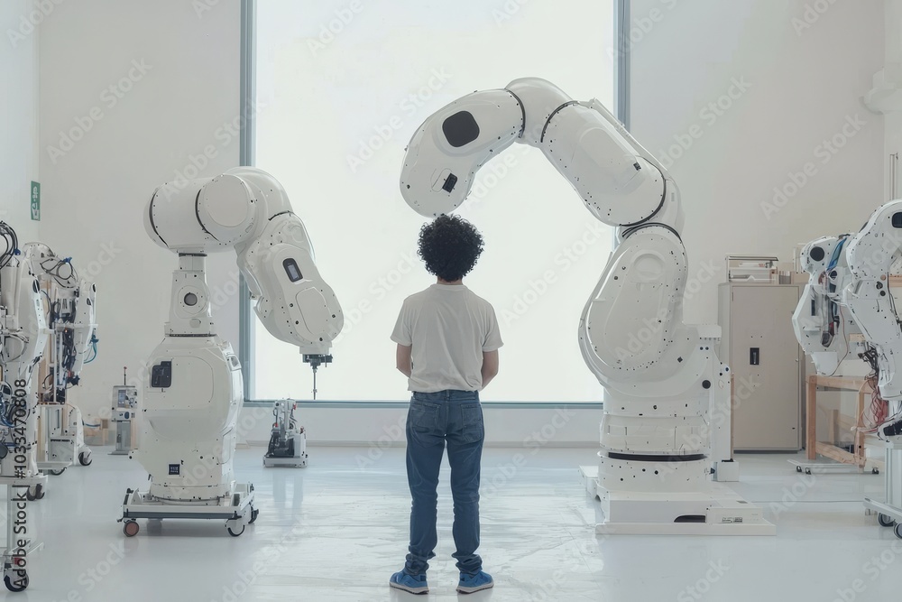 Leinwandbilder A man controls a robotic arm using a tablet as part of an industry 4.0 automation line equipped with sensors. The robotic arm is integrated on a smart factory production line.