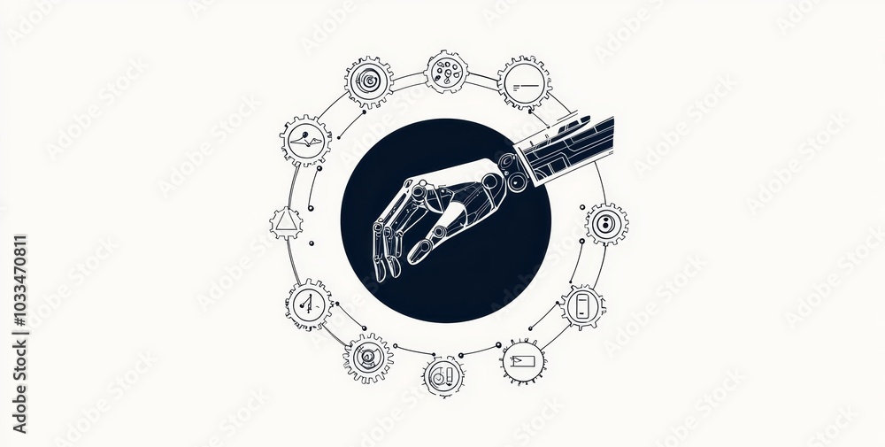 Leinwandbilder symbol of automation business technology. rpa. robot hand pushing a button.