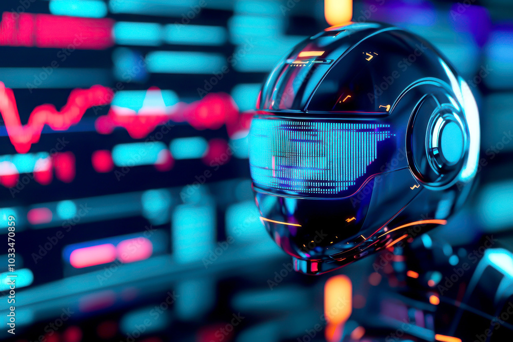 Poster futuristic robot head with glowing visor, showcasing advanced technology and digital interface backg