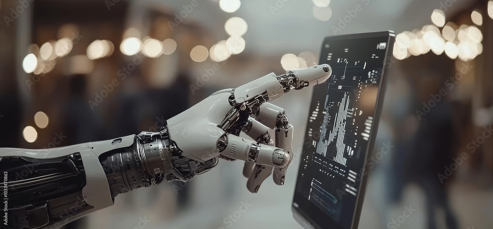 Poster Manager engineer responsible for analyzing and controlling automation robot arms machine on modern software and virtual interface data in an intelligent factory.