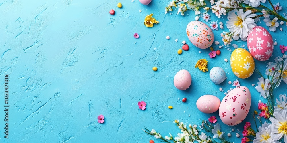 Aufkleber happy easter. celebratory easter backdrop. background with copyspace. selective focus. top view. hor